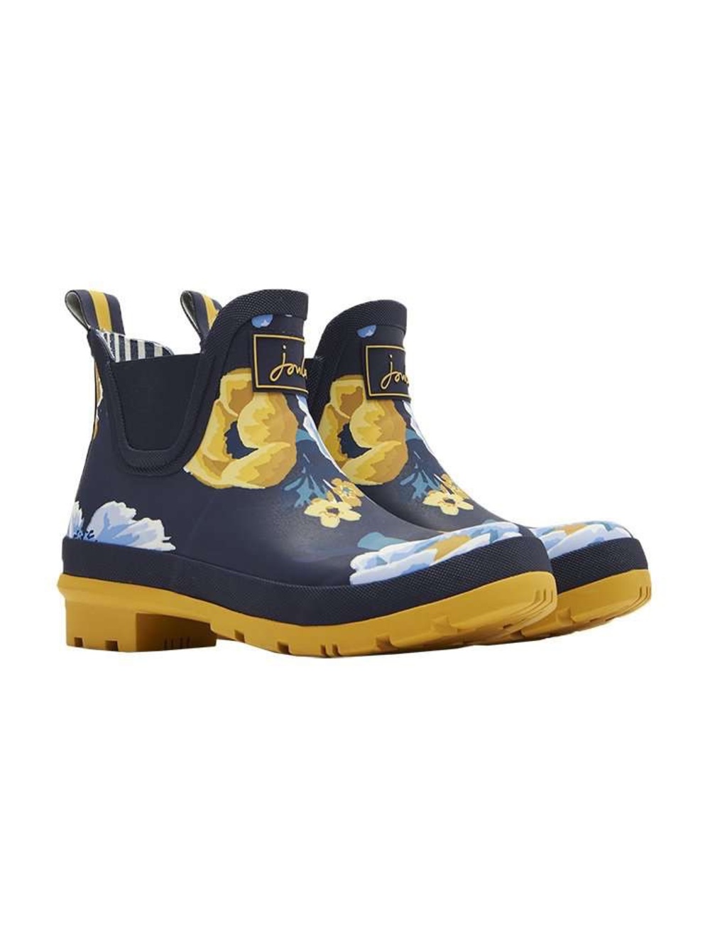 Joules Wellibob Navy Floral Ankle Rain Boot with Yellow Sole NWT